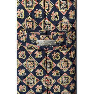 BRIONI Luxury Silk Tie Navy Blue Gold Red Geometric Diamond Paisley Italy